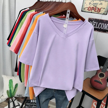 DAYIFUN Βαμβακερά μπλουζάκια με κοντό μανίκι με V λαιμόκοψη Γυναικεία μπλουζάκια Κορεατικά Loose Plus Size Μασίφ μπλουζάκια Lady 100 KG Μισομάνικο μπλουζάκια 5XL 2024