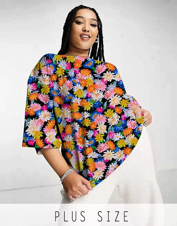 Γυναικείο μπλουζάκι casual, Famale Plus Floral τρισδιάστατη εκτύπωση, κοντό μανίκι V λαιμόκοψη μεσαίου τεντώματος Harajuku oversized μπλουζάκι