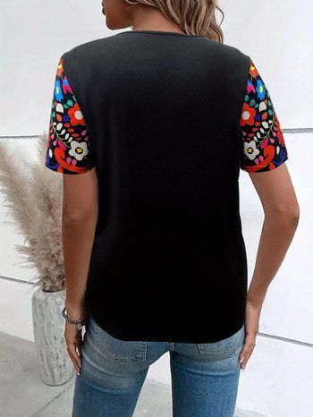 Дамска ежедневна тениска с голям размер, Famale Plus Floral 3D печат с къс ръкав и V-образно деколте, средно разтеглива тениска Harajuku