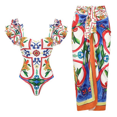 2024 Нов бански костюм от 2 части с волани на раменете с покривало Секси дамски бански Push Up Biquini Баня Боди Плажно облекло Рокля