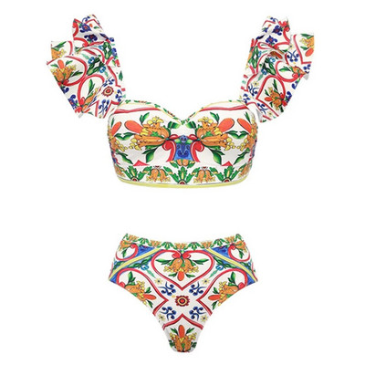 2024 Costum de baie cu umeri cu volane, 2 piese, cu acoperire, costum de baie sexy pentru femei, cu push-up, biquini, costum de baie, rochie de plajă