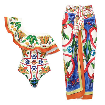 2024 Costum de baie cu umeri cu volane, 2 piese, cu acoperire, costum de baie sexy pentru femei, cu push-up, biquini, costum de baie, rochie de plajă