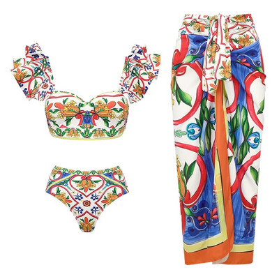 2024 Costum de baie cu umeri cu volane, 2 piese, cu acoperire, costum de baie sexy pentru femei, cu push-up, biquini, costum de baie, rochie de plajă