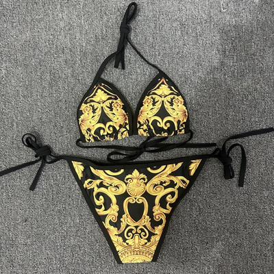 Нов секси бански костюм със златни флорални щампи бикини от две части за жени бразилски бански костюм 2023 Дамски бански плажни бикини