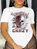 Γυναικείο T-Shirt Plus Size Loose Top Cartoon Flower Skull με στάμπα με στρογγυλή λαιμόκοψη, κοντομάνικο, μοντέρνο casual μπλουζάκι με πάτο
