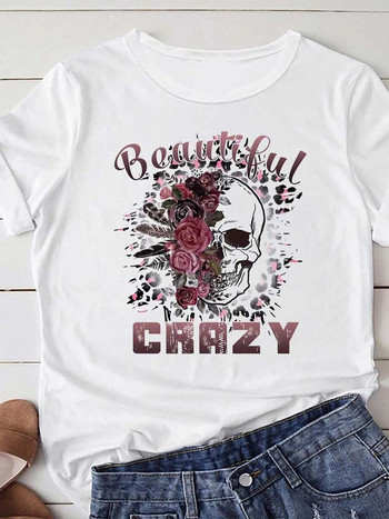 Γυναικείο T-Shirt Plus Size Loose Top Cartoon Flower Skull με στάμπα με στρογγυλή λαιμόκοψη, κοντομάνικο, μοντέρνο casual μπλουζάκι με πάτο