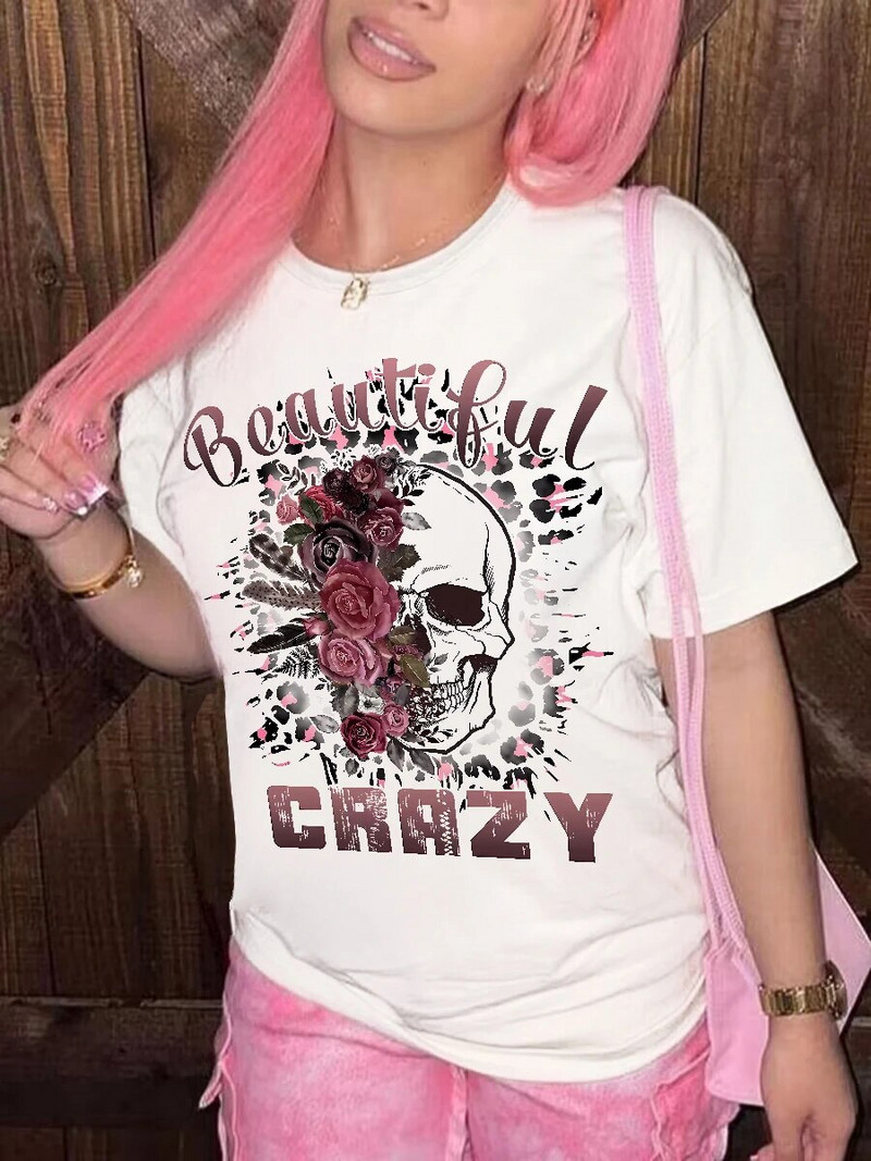Γυναικείο T-Shirt Plus Size Loose Top Cartoon Flower Skull με στάμπα με στρογγυλή λαιμόκοψη, κοντομάνικο, μοντέρνο casual μπλουζάκι με πάτο