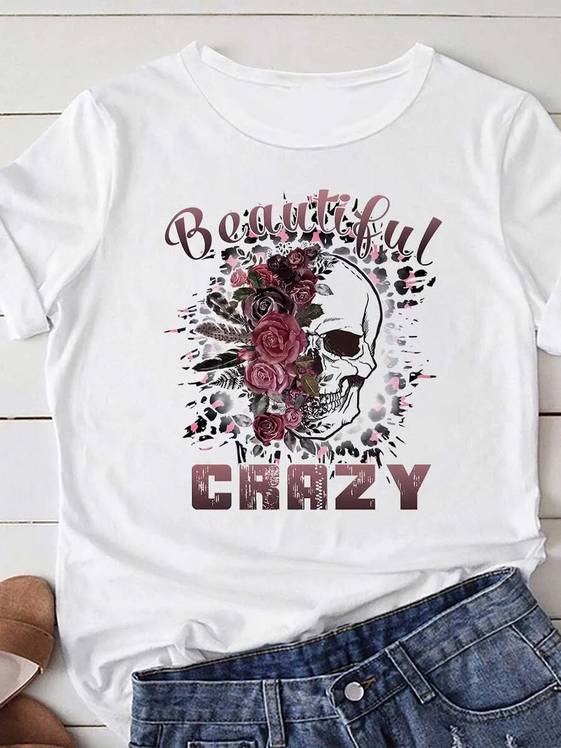 Γυναικείο T-Shirt Plus Size Loose Top Cartoon Flower Skull με στάμπα με στρογγυλή λαιμόκοψη, κοντομάνικο, μοντέρνο casual μπλουζάκι με πάτο