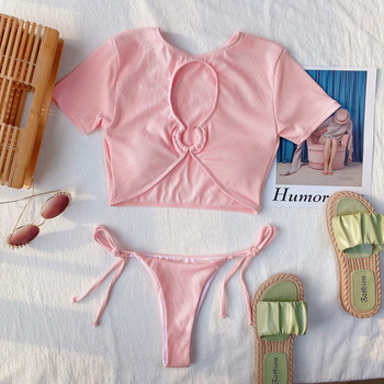 Vigorashely Секси розов комплект бикини с високо деколте 2023 г. Бански костюм с къс ръкав Дамски бански костюми Push Up Бански костюм с вързана долна част