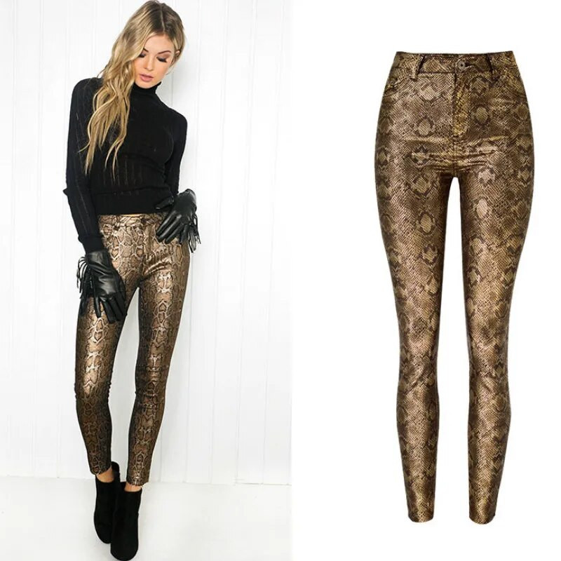 LOGAMI Pu kožne hlače Ženske seksi hlače sa umjetnim uzorkom zmija Ženske pentil hlače