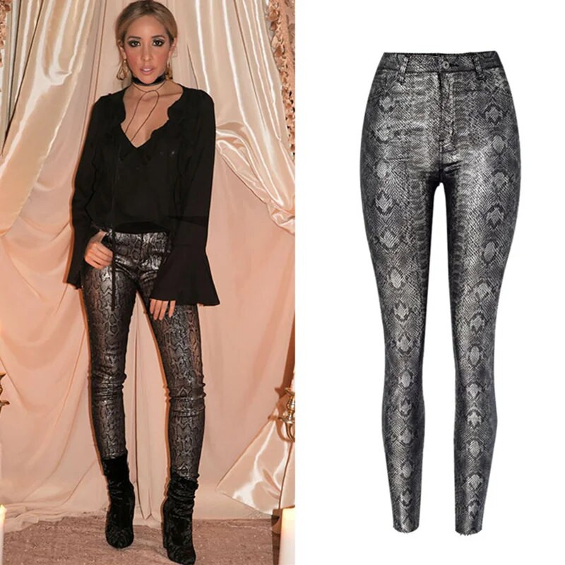 LOGAMI Pu kožne hlače Ženske seksi hlače sa umjetnim uzorkom zmija Ženske pentil hlače
