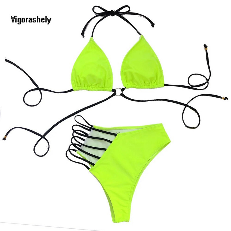 Vigorshely σέξι ψηλόμεσο γυναικείο σετ μπικίνι με κορδόνια 2023 Halter μαγιό Γυναικείο βραζιλιάνικο μπικίνι μαγιό