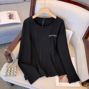 Plus Size γυναικείο ανοιξιάτικο μονόχρωμο μπλουζάκι μακρυμάνικο πολυεστερικό βαμβακερό ύφασμα χαλαρό άνετο πουκάμισο βάσης commuter top