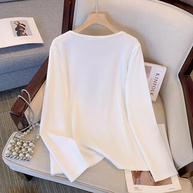 Nagy méretű női tavaszi egyszínű hosszú ujjú póló poliészter pamut anyagból bő, kényelmes alap ing ingázó felső