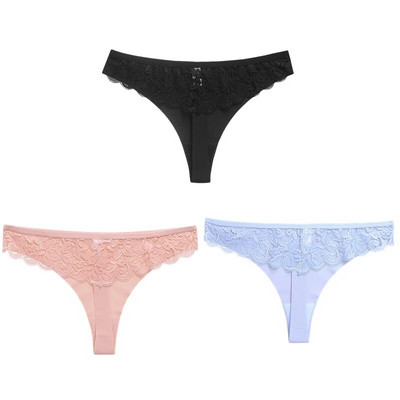 WarmSteps 3 ΤΕΜ/Σετ Γυναικεία εσώρουχα Σέξι δαντελένια εσώρουχα Εσώρουχα με κούφια στρινγκ Γλυκά λουλούδια G-Strings Cozy μεταξωτό σατέν T-back