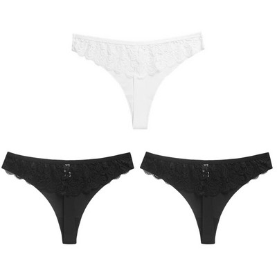 WarmSteps 3 ΤΕΜ/Σετ Γυναικεία εσώρουχα Σέξι δαντελένια εσώρουχα Εσώρουχα με κούφια στρινγκ Γλυκά λουλούδια G-Strings Cozy μεταξωτό σατέν T-back