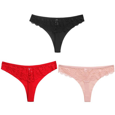 WarmSteps 3 ΤΕΜ/Σετ Γυναικεία εσώρουχα Σέξι δαντελένια εσώρουχα Εσώρουχα με κούφια στρινγκ Γλυκά λουλούδια G-Strings Cozy μεταξωτό σατέν T-back