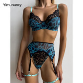 Yimunancy Leopard komplet donjeg rublja Ženski grudnjak s čipkom u kontrastnoj boji + gaćice Set donjeg rublja Seksi erotski komplet s podvezicama