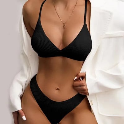 Seksi jednobojni rebrasti bikini 2024. Ženski kupaći kostim Push up kupaći kostim Ženski bikini s tangama Komplet od 2 dijela Kupaći kostim Odjeća za plažu