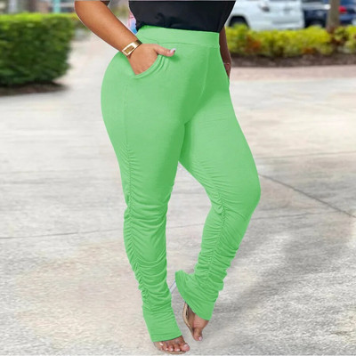 Pavasara rudens lielizmēra sieviešu apģērbs elastīgs viduklis vienkrāsainas bikses savārstītas kabatas, šauras, šauras bikses