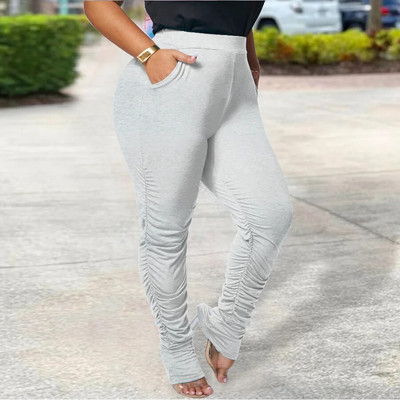 Pavasara rudens lielizmēra sieviešu apģērbs elastīgs viduklis vienkrāsainas bikses savārstītas kabatas, šauras, šauras bikses