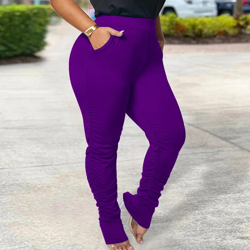 Pavasara rudens lielizmēra sieviešu apģērbs elastīgs viduklis vienkrāsainas bikses savārstītas kabatas, šauras, šauras bikses