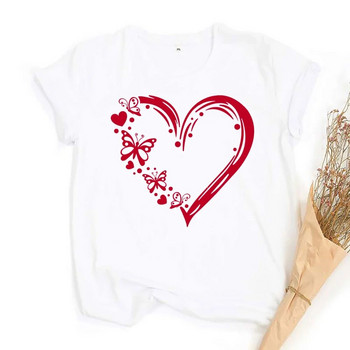 Плюс размер Дамска тениска с принт на любовно сърце Момичета Свети Валентин Горнища Дамска тениска Женска тениска с графики Дрехи за Свети Валентин