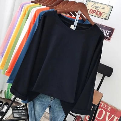 DAYIFUN didelio dydžio L-5XL marškinėliai Kieto kaklo marškinėliai ilgomis rankovėmis, moteriški viršutiniai marškinėliai Pagrindiniai pavasario rudens porai 100 % medvilnės marškinėliai