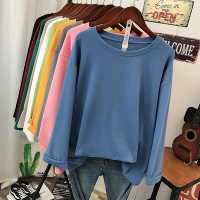 DAYIFUN didelio dydžio L-5XL marškinėliai Kieto kaklo marškinėliai ilgomis rankovėmis, moteriški viršutiniai marškinėliai Pagrindiniai pavasario rudens porai 100 % medvilnės marškinėliai