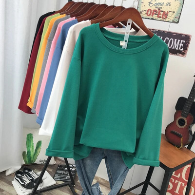 DAYIFUN didelio dydžio L-5XL marškinėliai Kieto kaklo marškinėliai ilgomis rankovėmis, moteriški viršutiniai marškinėliai Pagrindiniai pavasario rudens porai 100 % medvilnės marškinėliai