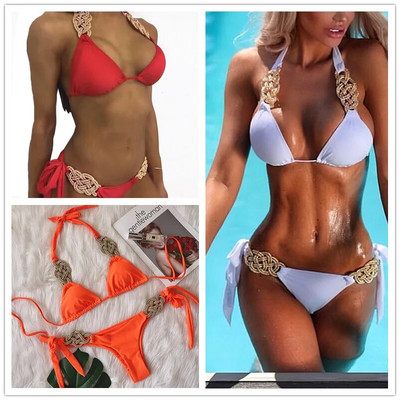 Orange Solid Bikini High Waist Swimwear Female Chain Swimsuit Women Bandeau 2 Pieces Set Hand knitting Bathing Suit Ribbed