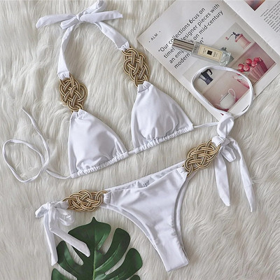 Narančasti jednobojni bikini kupaći kostim visokog struka Ženski kupaći kostim s lancem Ženski bando set od 2 komada Ručno pleteni kupaći kostim Rebrasti