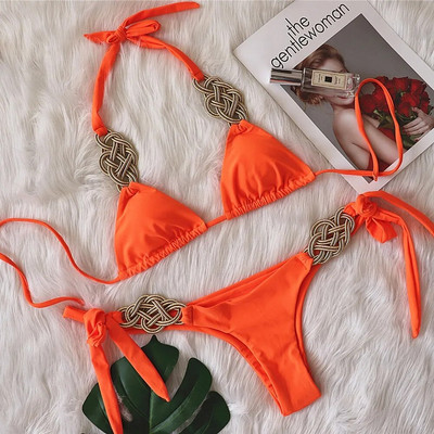 Narančasti jednobojni bikini kupaći kostim visokog struka Ženski kupaći kostim s lancem Ženski bando set od 2 komada Ručno pleteni kupaći kostim Rebrasti