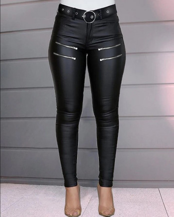 Дамски панталони 2023 Лятна мода Дизайн с цип Висока талия Pu кожа Ежедневни обикновени тесни Ежедневни дълги панталони Y2K Streetwear