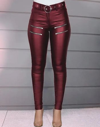Дамски панталони 2023 Лятна мода Дизайн с цип Висока талия Pu кожа Ежедневни обикновени тесни Ежедневни дълги панталони Y2K Streetwear
