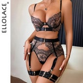 Ellolace Prabangus apatinis trikotažas Erotinis apranga Nėriniai Seksualūs moteriški apatinių kelnaičių rinkinys Romantiškas karštas Bilizna Fancy Peržiūros komplektai