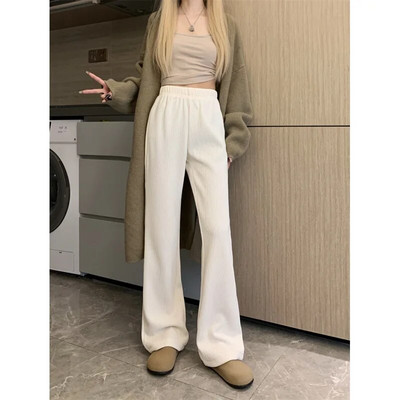 QWEEK Vintage téli kordbársony nadrágok női alkalmi koreai divat rugalmas magas derekú irodai női vékony, széles szárú nadrágok Harajuku