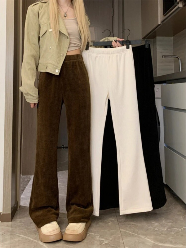 QWEEK Vintage téli kordbársony nadrágok női alkalmi koreai divat rugalmas magas derekú irodai női vékony, széles szárú nadrágok Harajuku