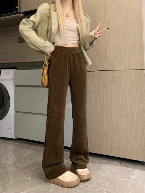 QWEEK Vintage téli kordbársony nadrágok női alkalmi koreai divat rugalmas magas derekú irodai női vékony, széles szárú nadrágok Harajuku