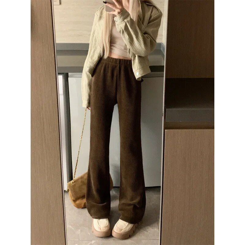QWEEK Vintage téli kordbársony nadrágok női alkalmi koreai divat rugalmas magas derekú irodai női vékony, széles szárú nadrágok Harajuku