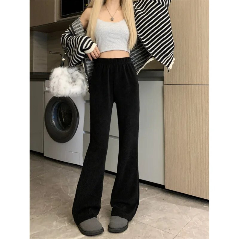 QWEEK Vintage téli kordbársony nadrágok női alkalmi koreai divat rugalmas magas derekú irodai női vékony, széles szárú nadrágok Harajuku