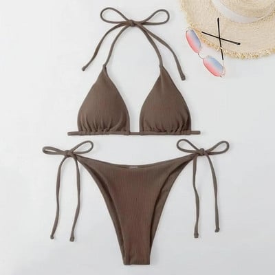 2Pcs/Set Women Bathing Suit Ribbed Backless Pads Women Bikini Set Halter Triangle Bra Side Tie Thong Swimwear Women`s Clothing