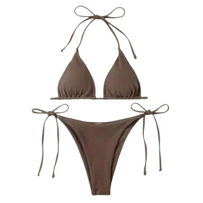2 bucăți/set costum de baie pentru femei, cu nervuri, fără spate, set de bikini pentru femei, sutien triunghi cu șalter, cravată laterală, tanga, costum de baie, îmbrăcăminte pentru femei