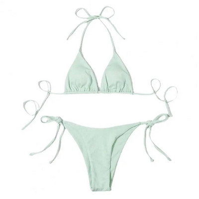2 bucăți/set costum de baie pentru femei, cu nervuri, fără spate, set de bikini pentru femei, sutien triunghi cu șalter, cravată laterală, tanga, costum de baie, îmbrăcăminte pentru femei