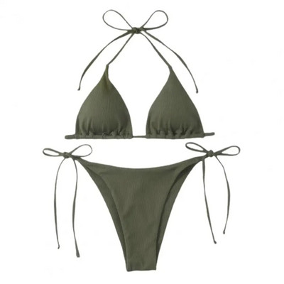 2 bucăți/set costum de baie pentru femei, cu nervuri, fără spate, set de bikini pentru femei, sutien triunghi cu șalter, cravată laterală, tanga, costum de baie, îmbrăcăminte pentru femei