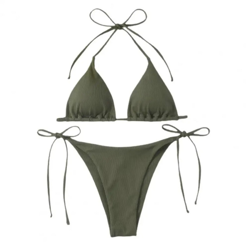 2Pcs/Set Ženski kupaći kostim Rebrasti jastučići bez leđa Ženski bikini set S halterima Trokutasti grudnjak s tangama na vezivanje Kupaći kostimi Ženska odjeća