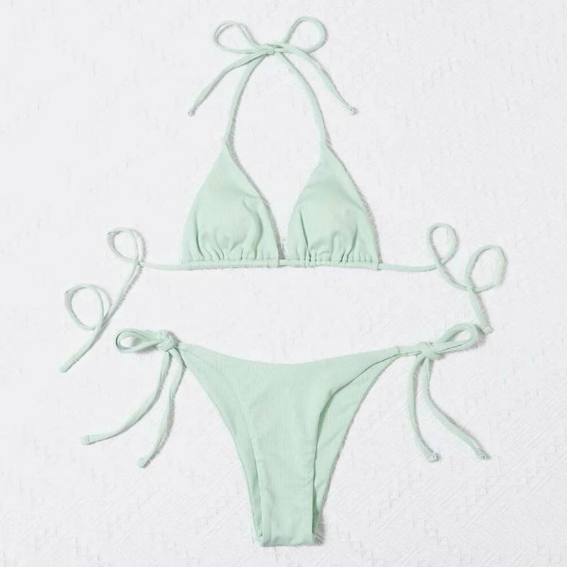 2Pcs/Set Ženski kupaći kostim Rebrasti jastučići bez leđa Ženski bikini set S halterima Trokutasti grudnjak s tangama na vezivanje Kupaći kostimi Ženska odjeća