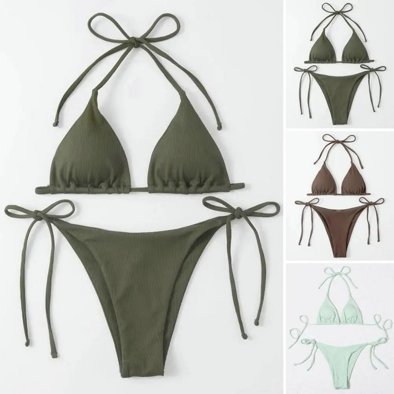 2Pcs/Set Ženski kupaći kostim Rebrasti jastučići bez leđa Ženski bikini set S halterima Trokutasti grudnjak s tangama na vezivanje Kupaći kostimi Ženska odjeća