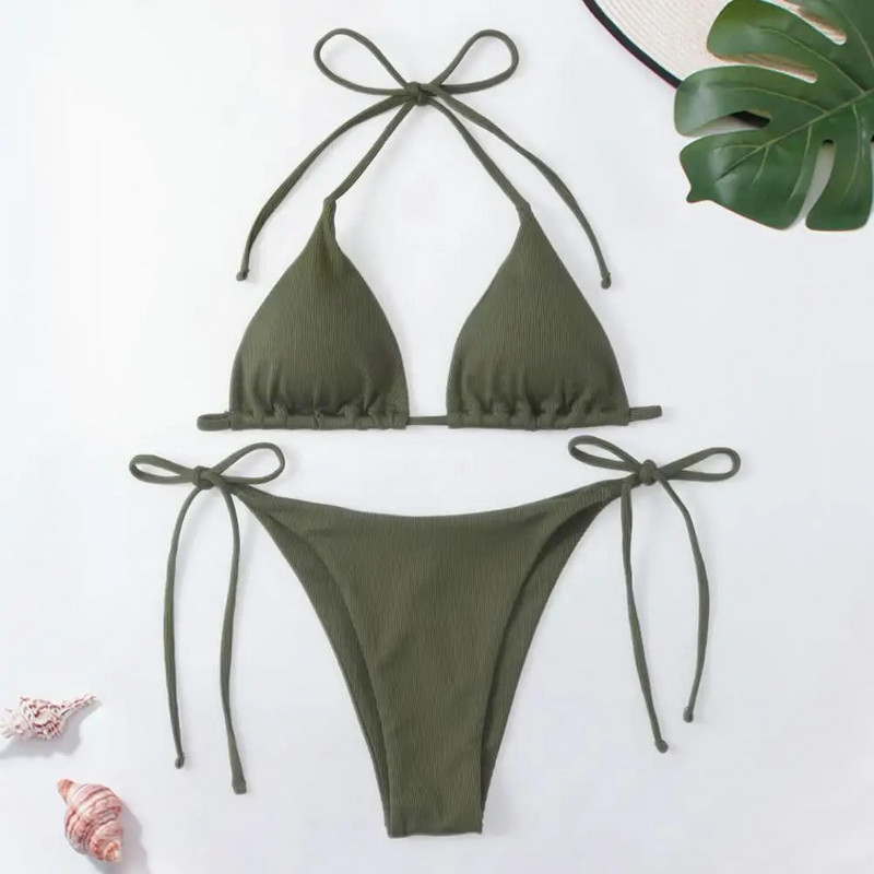 2Pcs/Set Ženski kupaći kostim Rebrasti jastučići bez leđa Ženski bikini set S halterima Trokutasti grudnjak s tangama na vezivanje Kupaći kostimi Ženska odjeća