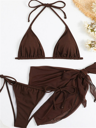 Sexy Solid Brown Bikinis Set Women Ribbed Halter Push Up Mesh Skirt Swimsuit 2024 Mujer Brazilian Bathing Suit Cover Up Swimwear